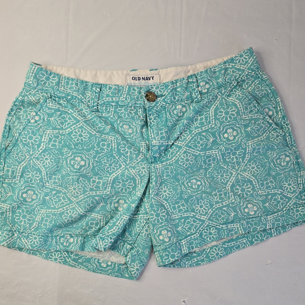 Old Navy Shorts Aqua White Tropical Breeze Novelty Print Mid Rise 6